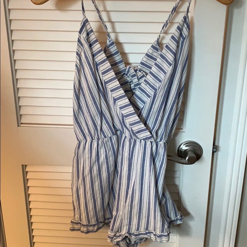 Blue and white stripped ruffled romper